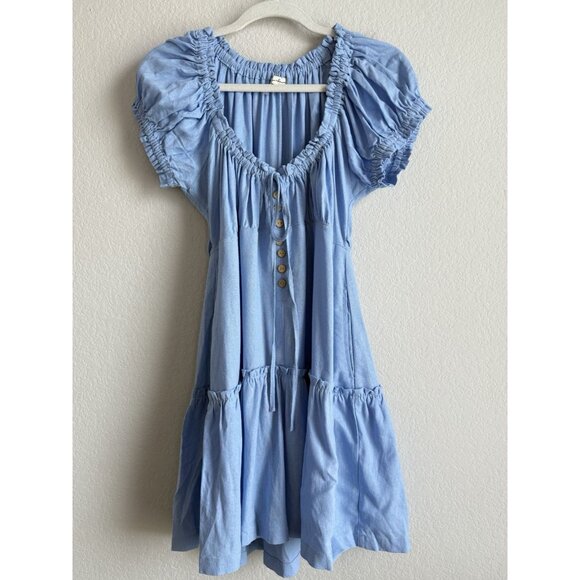 Hunter & Brown Women’s XL Blue Linen Blend Square Neck Tie Front Peasant Dress - Picture 6 of 12